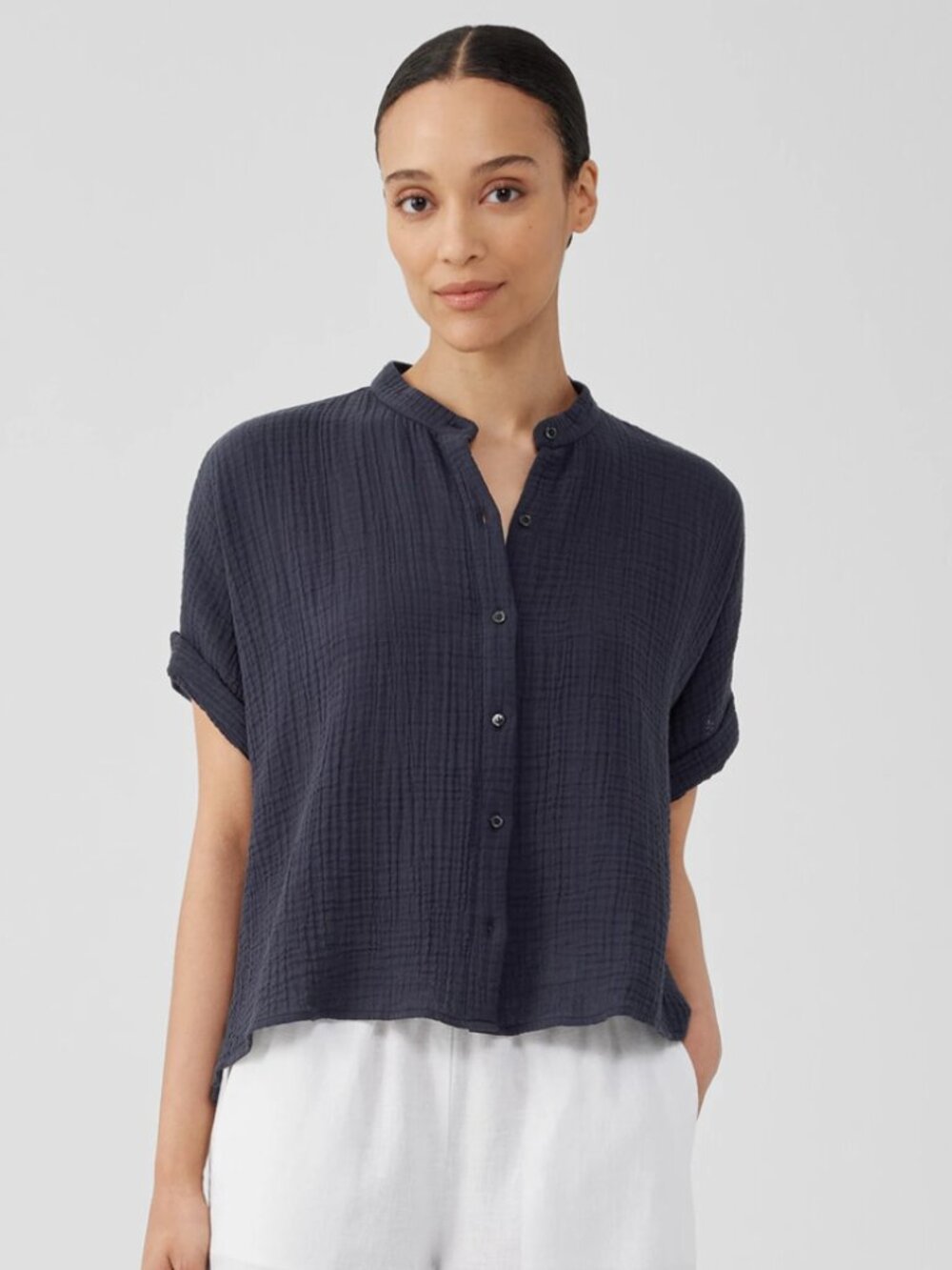 Eileen Fisher Organic Cotton Gauze Short-Sleeve mandarin Collar Boxy Shirt sz L